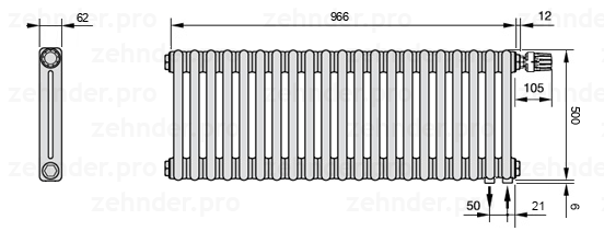 Схема (чертеж) Радиатор Zehnder Charleston 2050/21 №V002 Белый глянцевый RAL 9016